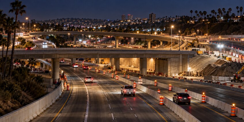 Ночные перекрытия I-805 у Palm Avenue продлятся несколько дней