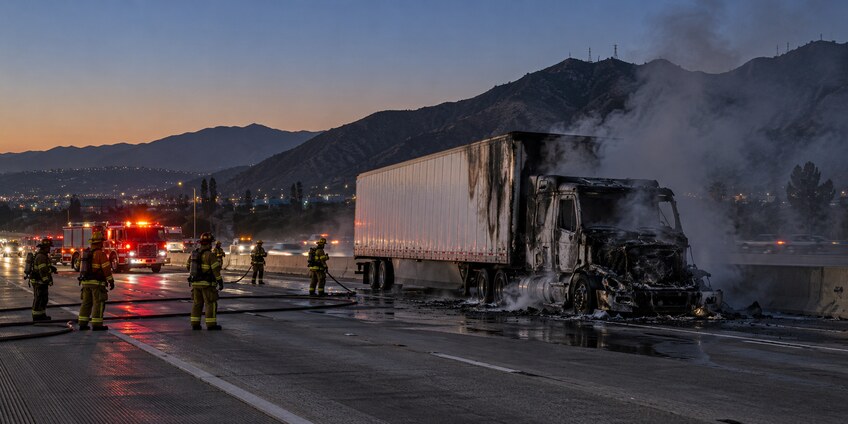 Пожар фуры перекрыл несколько полос трассы I-5 в Силмаре