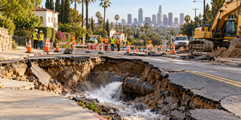 Провал после прорыва водопровода едва не поглотил фургон в Los Feliz
